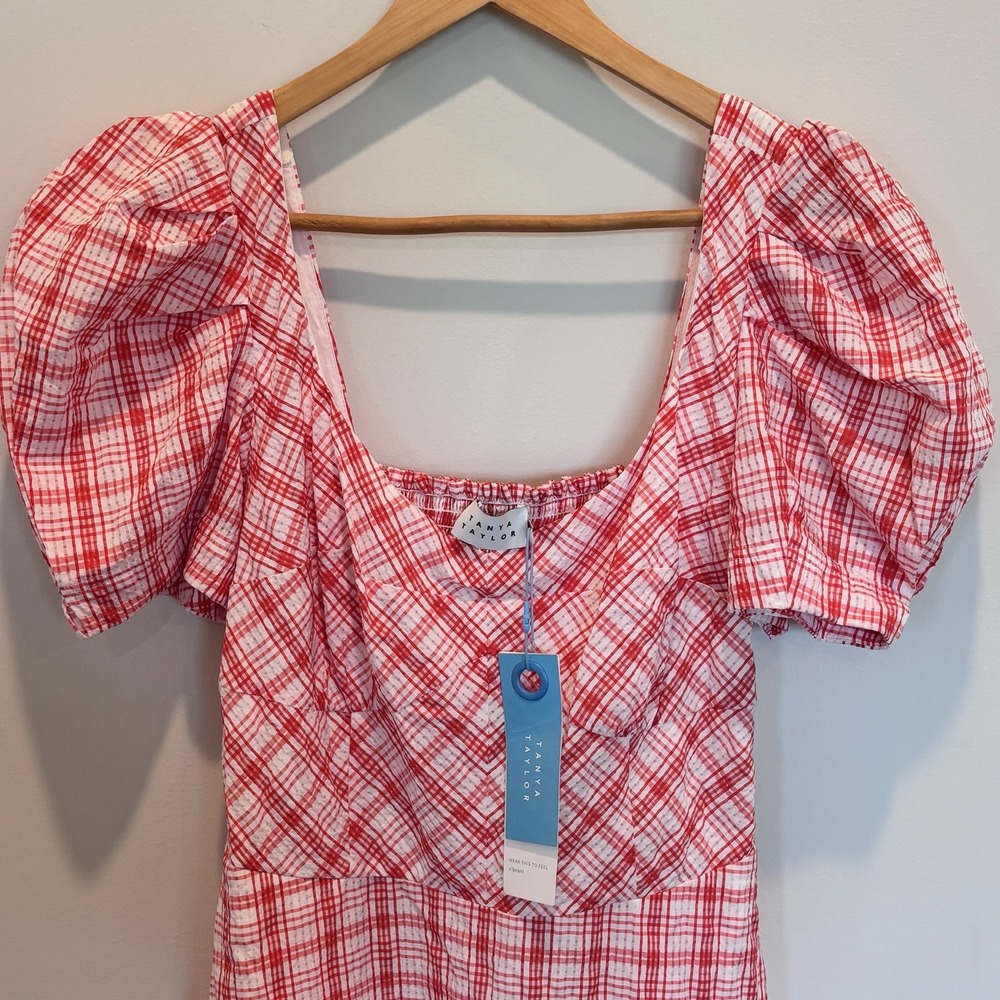 Tanya Taylor Pink and White Plaid Puff-Sleeve Midi Dress - Picture 3 of 7